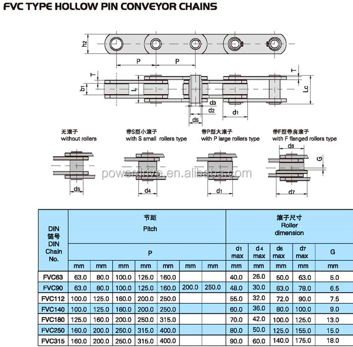 Raydafon FV FVT FVC Series Hollow Pin Conveyor Chains with Attachment S Small P Large F Flange Roller Type Without Rollers