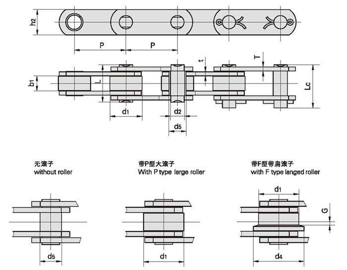 Long Pitch Z ZE ZC Series Hollow Pin Conveyor Chains with Attachment S Small P Large F Flange Roller Type Without Rollers