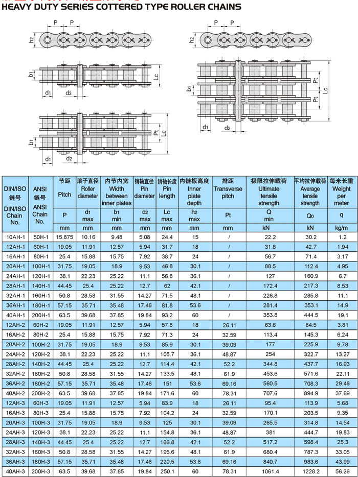 ISO DIN ANSI Standard Heavy Duty Series Cottered Type Roller Chains