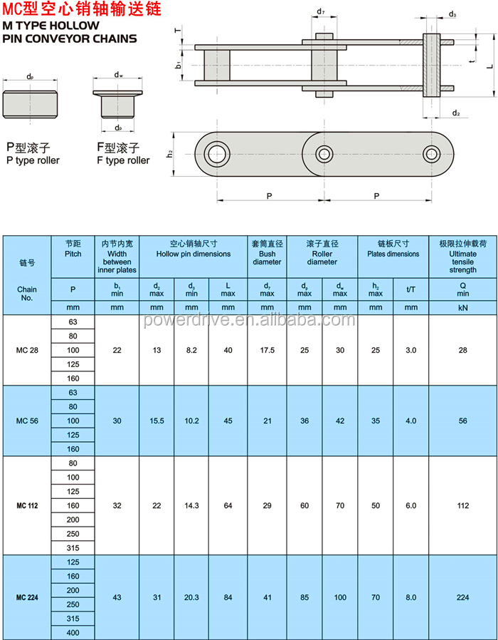 Long Pitch M MT MC Type Series Hollow Pin Conveyor Chains M20 M28 M40 M56 M80 M112 M160 M224 M315 M450 M630 M900 with Attachment