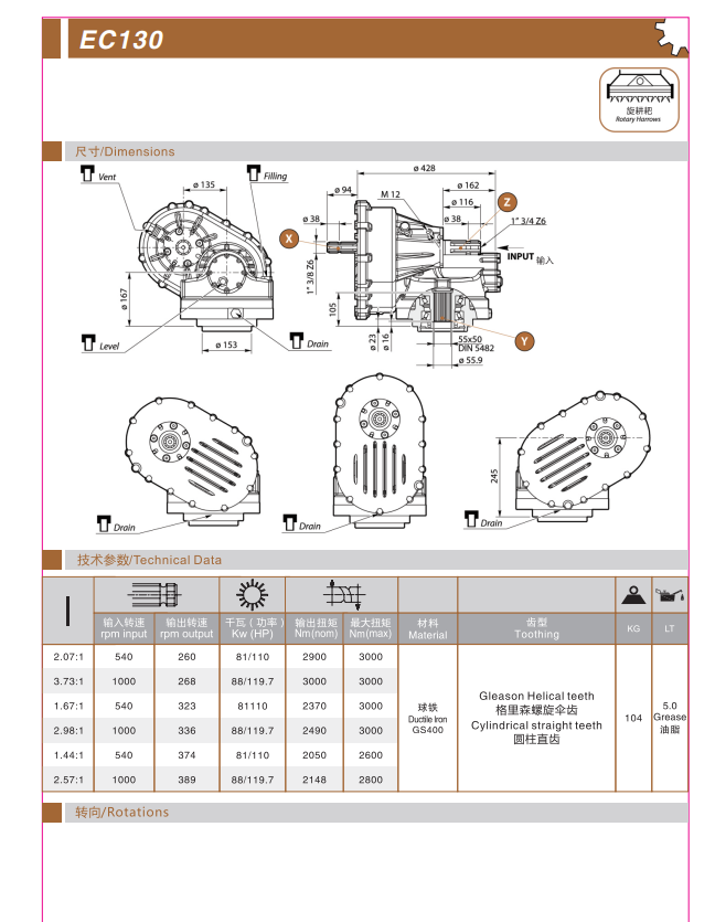 GEARBOX for Rotary Harrow Greason Helical Teeth Cylindrical Staight Teeth EC Series